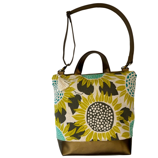 Preview: ST10151 Nähbeispiel  1 Naturfarbener Canvas Cotton & Steel Front Yard by Sarah Watts mit großen, gelben, braunen & türkisen Sonnenblumen aus 45% Baumwolle und 55% Leinen