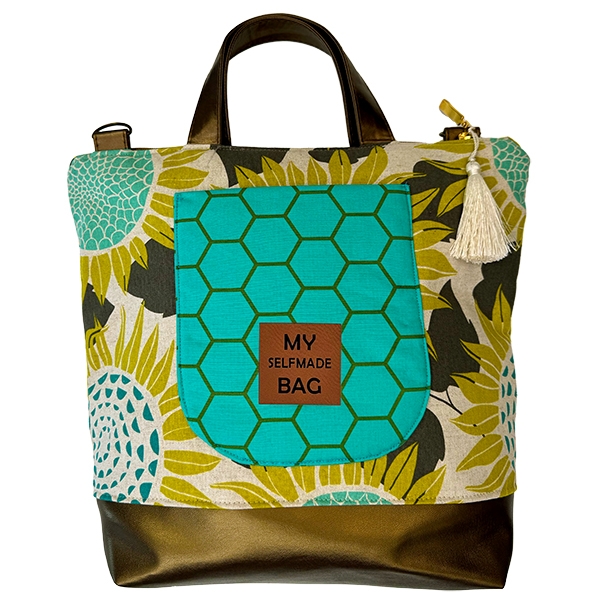 Preview: ST10151 Nähbeispiel  2 Naturfarbener Canvas Cotton & Steel Front Yard by Sarah Watts mit großen, gelben, braunen & türkisen Sonnenblumen aus 45% Baumwolle und 55% Leinen