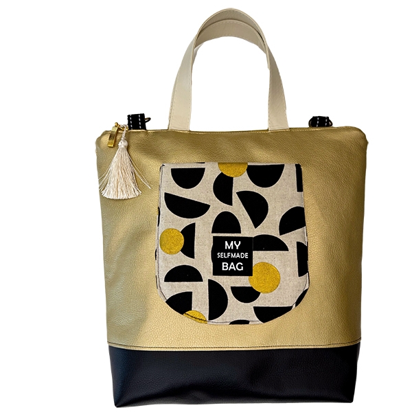 Preview: ST10149 Nähbeispiel 2 Canvas Stoff Meterware KOKKA Stencil by Ellen Baker natur mit schwarzen Halbkreisen und goldenen Kreisen