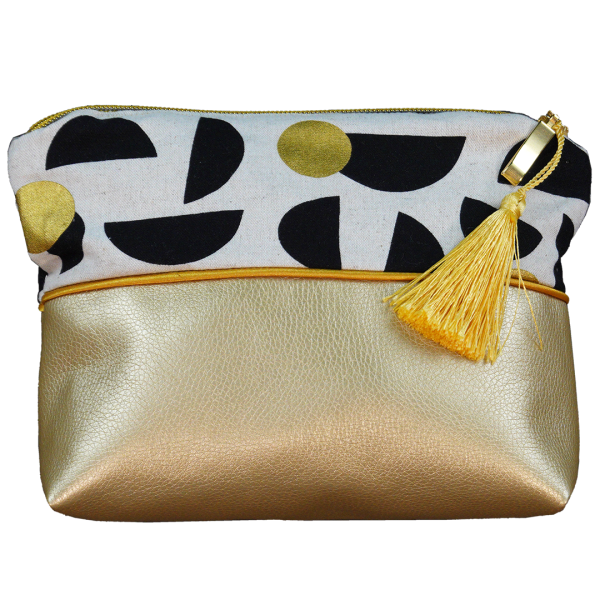 Preview: ST10149 Nähbeispiel 1 Canvas Stoff Meterware KOKKA Stencil by Ellen Baker natur mit schwarzen Halbkreisen und goldenen Kreisen