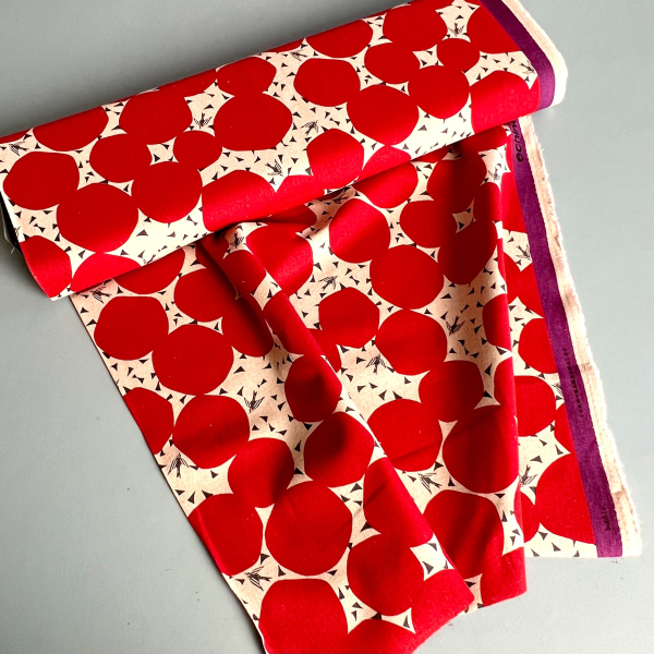 ST10148 Canvas Stoff Meterware KOKKA Echino Buuble natur mit roten Punkten & schwarzen Vögeln