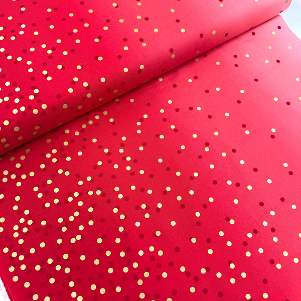 Preview: ST10195 Stoff Webware Baumwolle Meterware rot gold metallic Punkte