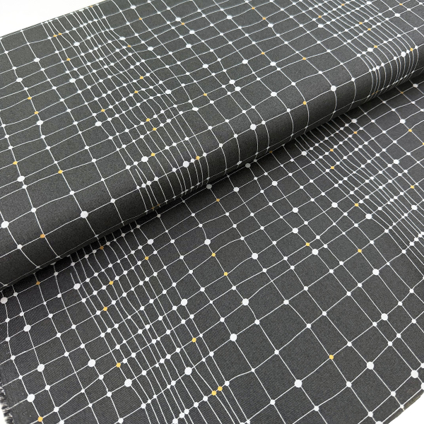 ST10197 Stoff Webware Baumwolle Meterware anthrazit mit hellgrauer Gitterstruktur und hellgrauen & gold metallic Punkte Meterware MODA