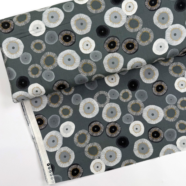 ST10197 Stoff Webware Baumwolle Meterware anthrazit mit hellgrauer Gitterstruktur und hellgrauen & gold metallic Punkte Meterware MODA